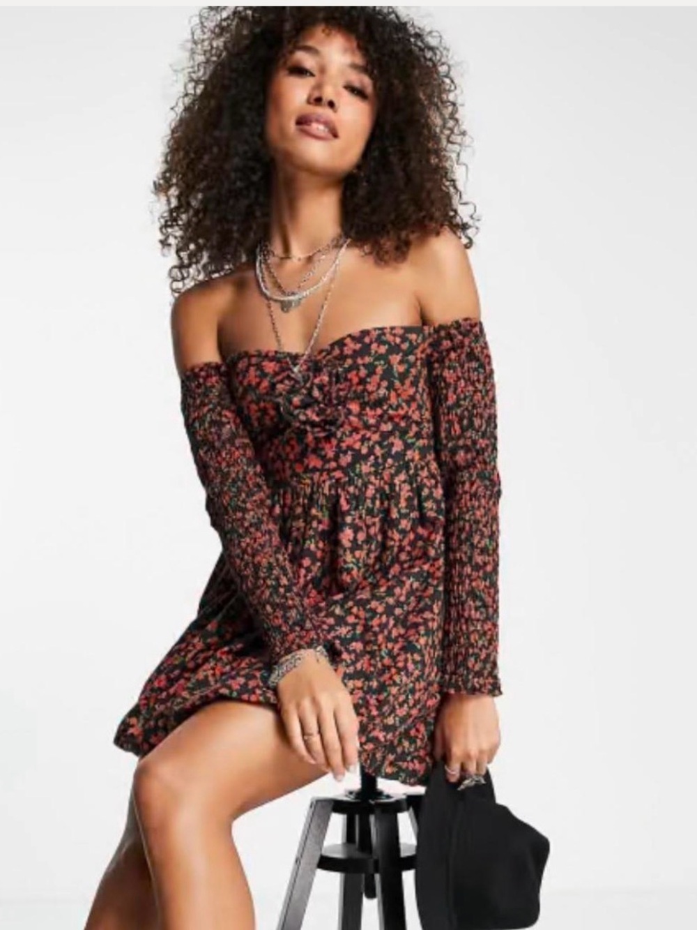 ASOS Off-Shoulder Floral Mini Dress in Black and Coral